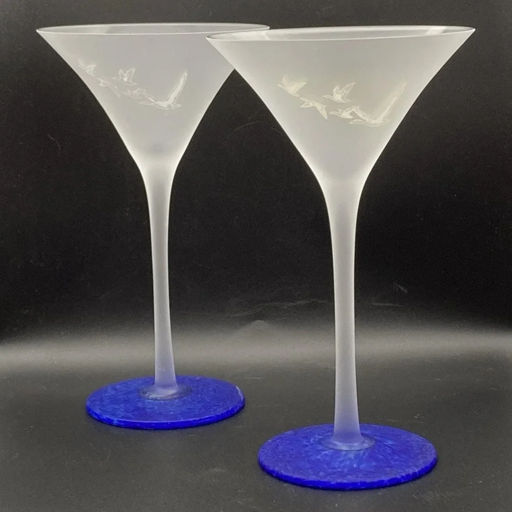 2 Grey Goose Vodka Frosted Martini Glass Cobalt Blue Swirl Base Flying Geese #5